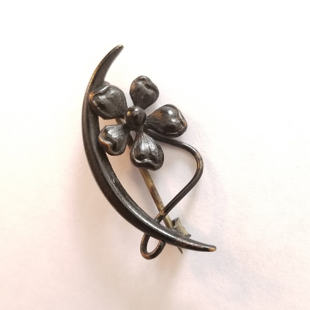 Antique honeymoon brooch crescent moon pin black vintage celestial floral - Picture 2 of 7